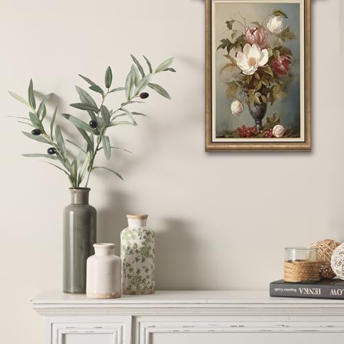 Vintage Vase Set of 3, Ceramic Vintage Flower Vases, Chinoiserie Decorative Home Decor Retro Floral Vase Rustic Farmhouse Decor for Table Bookshelf Mantel Kitchen Living Room Office - Green and Beige - Image 5