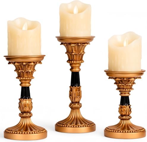 Vintage Candle Holders Set of 3 – Hand-Painted Resin Pillar Candle Stands – Antique Gold Decorative Candle Holder Set for Table Centerpiece, Mantel, Wedding, and Home Decor by MXwcy