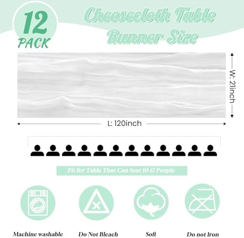 12 Pack White Spring Easter Table Runner 10FT White Cheesecloth Table Runner 21 x 120 inch Boho Gauze Cheese Cloth Table Runners Rustic Sheer Table Runners for Party Wedding Bridal Baby Shower Decor - Image 3