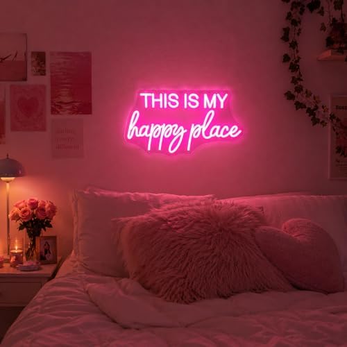 This is My Happy Place Neon Sign Pink LED Letter Neon Light Teen Girls Room Decor, Happy Place Light Up Sign for Bedroom Home College Dorm Game Room Decor, USB Powered with Dimmable Switch - Image 4