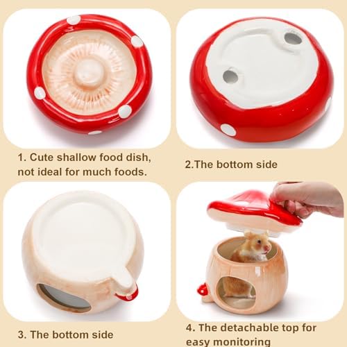 Hacaroa 3 Pack Ceramic Hamster Hideout, Mushroom Shape Guinea Pig Food Bowl Cute Water Bottle with Stand, Cool Hamster Bed House Small Animal Cage Accessories for Dwarf Hamsters, Mice, Gerbils - Image 4