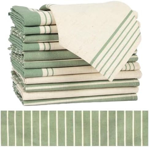 Sage Green Striped Napkins, Farmhouse Set of 12 Linen Dinner Napkins, Reusable & Washable 17x17 Inches for Everyday Use by Besaomeom