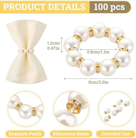 Suream 100 Pcs Napkin Rings Gold, Imitation Pearl Beaded Napkin Ring for Wedding Dinner Party Kitchen Table Birthday Decoration(White&Gold, 2 Inch) - Image 2