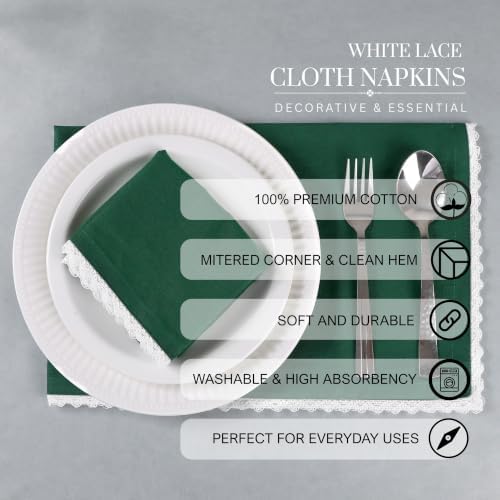 FINGERCRAFT Lace Cloth Napkins, 100% Cotton, 12 Pack, 20x20 Inch Eden Green - Image 4