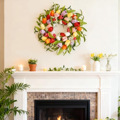 idyllic 20 Inch Spring Five-Color Tulip Wreath, for Front Door Window Porch Living Room Mantel Spring Colorful Home Decor Gift - Image 7