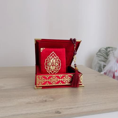 VOGUEHOMEDECOR Velvet Covered Quran Tasbeeh Islamic Gift Set, Holy Quran Prayer Beads Wooden Gift Box, Islamic Birthday, Wedding, Graduation, Eid, Ramadan Gift Favor (Claret Red) - Image 3