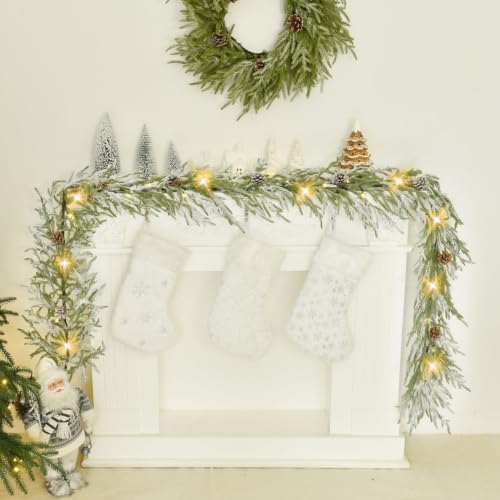 YoleShy 2 PCS 9 FT Real Touch Norfolk Pine Garland Flocked Christmas Garland with Lights Pinecone and White Snow Battery Operated Prelit Garland Christmas Decorations for Mantle Fireplace Xmas Home - Image 5