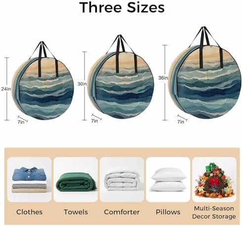 Abstract Ocean Round Storage Bag 30 Inch, Dark Blue Ripple Sunset Minimalist Art Clothes Storage Container with Handles Heavy Duty Organizer for Comforter, Bedding & Holiday Wreaths - Image 7