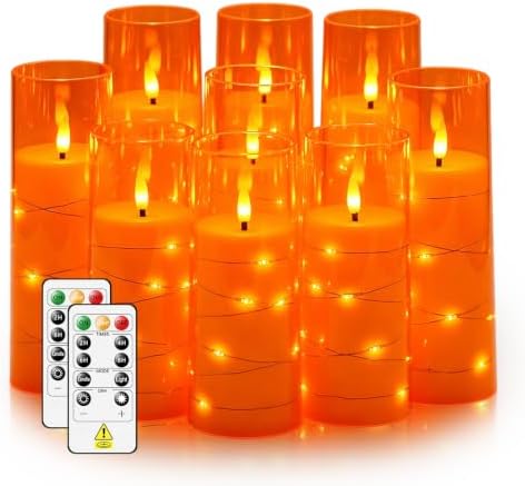 Nimiko Flickering Flameless LED Candles,Battery Operated Candles 9 Pcs with Embedded Star String,Acrylic LED Pillar Candles with Remote,Suitable for Home Decoration to Create an Atmosphere (Orange) by Nimiko