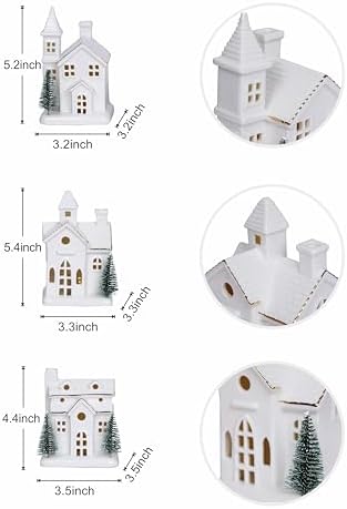 Ceramic White Christmas Village Houses 3Pcs Light Up Small Porcelain Village House with 4Pcs Christmas Trees LED Lighted Tabletop House Figurines Christmas Decorations for Holiday Winter Home Decor - Image 5