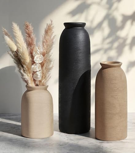 Ceramic Vase Set of 3, Small Flower Rustic Vase Home Decor Neutral Modern Farmhouse Boho Pampas Pottery Vases Decorative Centerpiece for Table Mantel Shelf Living Room Kitchen Bathroom by FancyPlus