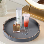 KINGFOM Round Decorative Tray, PU Leather Vanity Tray Organizer with Gold Trim for Dresser, Coffee Table & Bathroom Counter, Modern Home Decor Jewelry & Perfume Tray for Men Women (Gray) - Image 5
