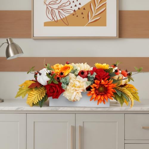 PureCosy Fall Centerpiece for Table, Handmade Realistic Silk Floral Arrangement with Peonies, Roses, Berries & Foam Pumpkins Thanksgiving Centerpiece and Autumn Harvest Table Decor for Dining Table - Image 6