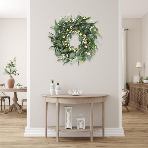 HomeKaren Wreaths for Front Door 22 Inch, All Season Greenery Wreath Olive Eucalyptus Leaves and White Mixed Berry for Indoor Outdoor Farmhouse Home Porch Wall Window Festival Wedding Decor - Image 6