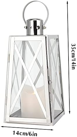 TRIROCKS Stainless Steel Decorative Lantern 12'' H Metal Candle Holder Hanging Candle Lantern with Tempered Glass for Christmas Home Decor Living Room Parties Events Indoor Outdoor(Silver Trapezoid) - Image 2