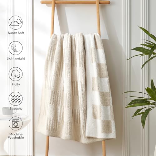 Snuggle Sac Faux Fur Checkered Blanket Twin Size with Soft Knitted Microfiber,Reversible Soft Cozy Warm Blanket for Sofa Bedroom,Cute Lightweight Striped Throws for Women,Heather Cream,60x80 inches - Image 6