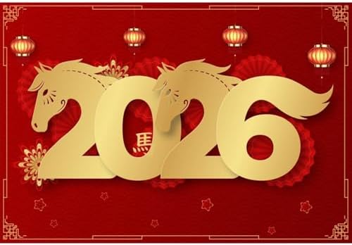 Laeacco 9x6ft Happy Chinese New Year Backdrop 2026 Year of The Horse Red and Gold Photography Background Chinese Lunar New Year Spring Festival Family Celebration Party Decoration Photo Booth Props by Laeacco