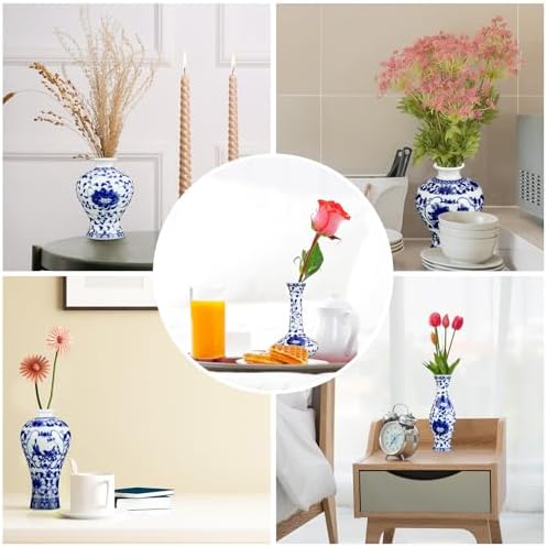 Dandat 8 Pcs Small Blue and White Ceramic Vase, Chinoiserie Floral,Rustic - Image 7