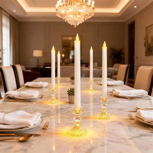 Flameless Taper Candles with Illuminated Glass Candle Holder, Remote Timer 2AA Battery Operated for Thanksgiving/Xmas Decor, Wedding Centerpiece (White, 6 Pack) - Image 2