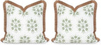 Hofdeco Premium Coastal Patio Indoor Outdoor Throw Pillow Cover Only, 20"x20" Water Repellent for Backyard, Couch, Green Embroidered Floral with Fringe (Pack of 2) by HofdecoPremium
