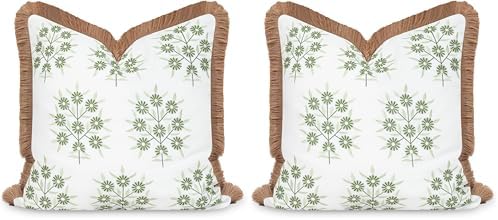 Hofdeco Premium Coastal Patio Indoor Outdoor Throw Pillow Cover Only, 20"x20" Water Repellent for Backyard, Couch, Green Embroidered Floral with Fringe (Pack of 2) by HofdecoPremium