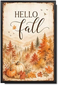 Decorative Tin Sign Watercolor Metal Tin Sign Hello Fall Mountain Forest Autumn Leaves Pumpkins Seasonal Wall Decor for Living Room Entryway Cabin 12×16 Inches with Metal Frame by Unknown