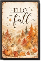 Decorative Tin Sign Watercolor Metal Tin Sign Hello Fall Mountain Forest Autumn Leaves Pumpkins Seasonal Wall Decor for Living Room Entryway Cabin 12×16 Inches with Metal Frame by Unknown