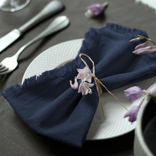 Handmade Cloth Napkins 100% Cotton Napkins with Fringe，Delicate Handmade Cloth Napkins for Dinners, Parties, Weddings and More，18 x 18 Inch Set of 12 - Navy Blue by Ayuzawa