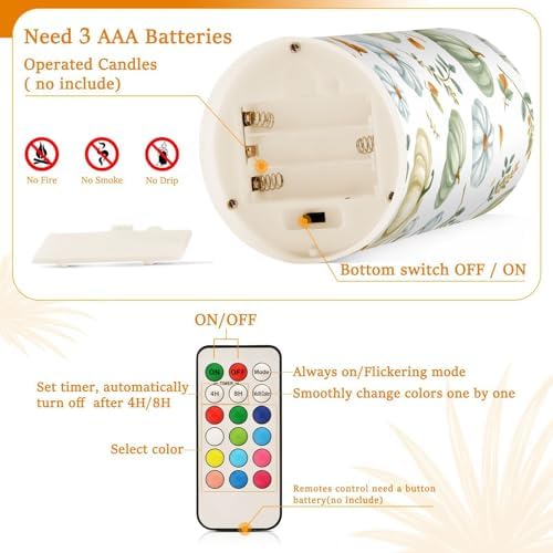 ALAZA Green Pumpkin Autumn Fall Flickering Flameless Candles Battery Operated with Remote Timer,Tea Light Candles LED Pillar Votive Candles Set of 2 for Outdoor Indoor Decorations - Image 4