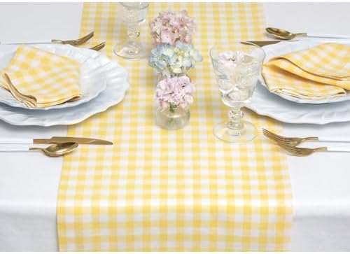 Solino Home 100% Pure Linen Table Runner Yellow, Gingham Check 14 x 132 in - Image 3