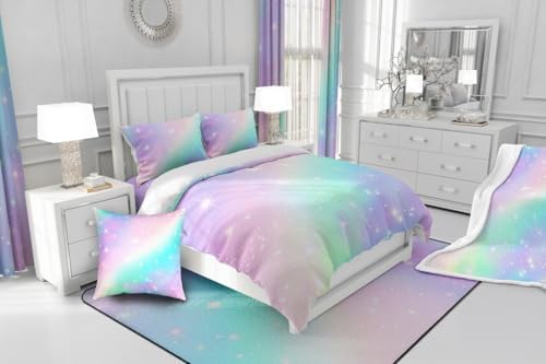 Ombre Rainbow Bedding Sets King Size Golden Stars Comforter Girls Tie Dye Duvet Insert Pink Purple Blue Princess Bedding Colorful Pastel Art Bedding Sets & Collections Sweet Bedroom Decor, Soft Warm - Image 7