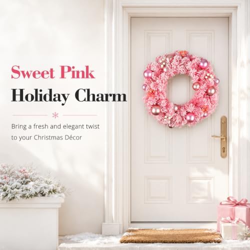 Pink Christmas Wreath for Front Door, Snow Flocked Artificial Holiday Wreath with Pink Ornaments and Berry Accents, Decorative Christmas Door Wreath for Indoor Outdoor Wall Window Fireplace - Image 4