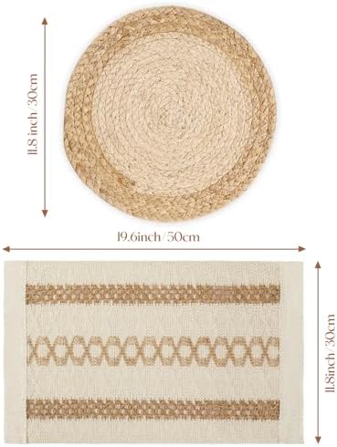 YANGQIHOME Boho Placemats Set of 8, Farmhouse Rustic Woven Placemats for Dining Table Decor, Handmade Braided Place Mats in Natural Cotton Jute and Water Straw for Kitchen Table - Image 5