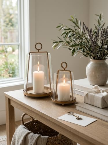 Brass T-Shape Glass Cloche Candle Holder Set of 2, Clear Hurricane Candle Lantern with Ring Handle, Decorative Bell Jar Candle Cover for Pillar Candles, Table Centerpiece Home Decor - Image 4