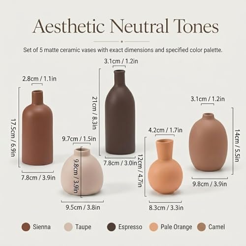 Modern Ceramic Vase Set of 5, Vases Home Decor Rustic Farmhouse Decorative Vase for Bouquet Dried Fresh Flowers, Table Living Room Kitchen Bedroom - Image 3