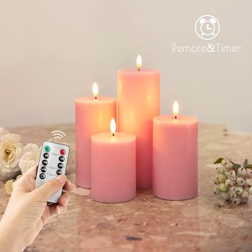LUSHARBOR Flameless Candles, 4 Pack Battery Operated Candles with Remote, Real Wax LED Fake Candles with Timer Flickering for Christmas Wedding Home Party D3 H 5" 6" 7" 9" Pink - Image 3