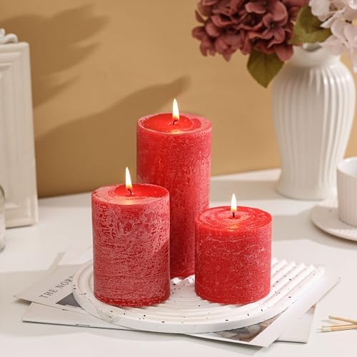 3x6 Inch Bright Red Pillar Candles Set of 3 - Hand-Poured Unscented Candles, Long Clean Burning, Large Big Candle, Smokeless Dripless Candle for Dinner Table, Wedding, Home, Rustic Decor - Image 3
