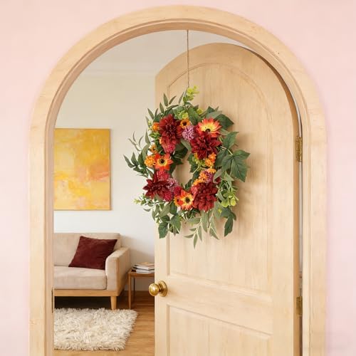 Artificial Fall Wreath for Front Door, 23 Inch Autumn Wreaths with Sunflowers, Eucalyptus Leaves for Indoor Outdoor Home Front Door Wall Window Decor Festival Celebration - Image 7