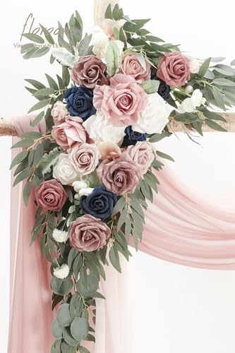 Floroom Arch Flowers with Drapes Kit (Pack of 4) - 2pcs Artificial Dusty Rose & Navy Blue Floral Swag Arrangement with 2pcs Draping Fabric for Wedding Ceremony Arbor and Reception Backdrop Decoration - Image 3