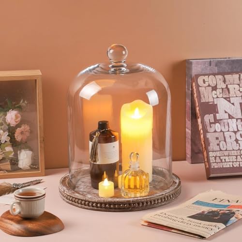 14" Large Handmade Sturdy Glass Cloche With Brown Beaded Wooden Base In Farmhouse & Cottage Style, For Terrarium, Trinkets, Cakes, Figurines (Brown, 10"x14") - Image 7