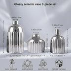 Ceramic Textured Vases Set of 3, Round Silver Two-Tone Flower Vase for Pampas Grass Decorative, Modern Silver Small Vase for Kitchen Counter Shelving Fireplace Mantel Table Centerpiece - Image 2