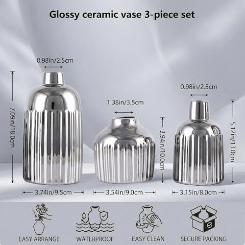 Ceramic Textured Vases Set of 3, Round Silver Two-Tone Flower Vase for Pampas Grass Decorative, Modern Silver Small Vase for Kitchen Counter Shelving Fireplace Mantel Table Centerpiece - Image 2