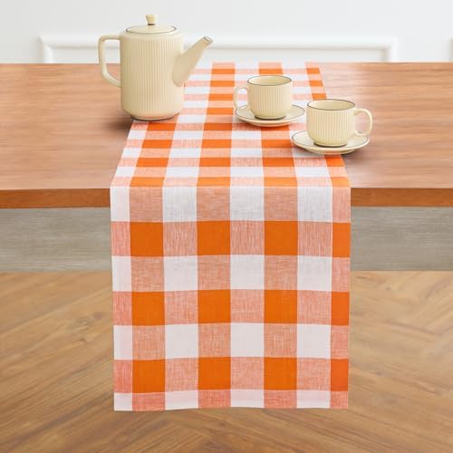 Solino Home 100% Linen Table Runner, 14 x 120 in, Pumpkin and White Check by SolinoHome
