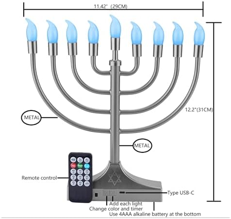 Electric Hanukkah Menorah,RGB Led Menorahs for Chanukah Decoration,Color Changing with Remote Control & Push-Button to Choose The Day and Timer Options Battery/USB Powered,Silver - Image 3