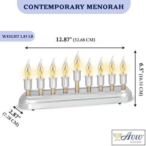 Contemporary Electric Hanukkah Menorah Stainless Steel Hanukkiah with Flickering Bulbs Horizontal Electronic Minorah for Chanukah Flameless Candles or Hanukkah Lights Decorations - Image 3