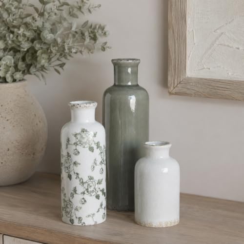 Green Vintage Vase Set of 3, Flower Decorative Vase Home Decor Retro Floral Vase Ceramic Vase Set Chinoiserie Decor for Fireplace Kitchen Counter Living Room (Vintage-Geen) - Image 4