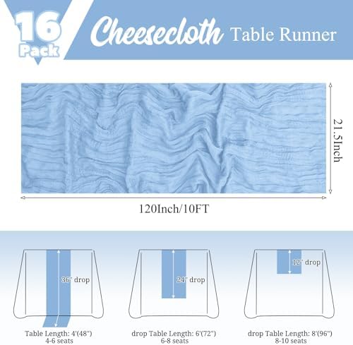 16 Pack Light Blue Table Runner 10FT Cheesecloth Table Runner Boho Gauze Table Runners Long Rustic Sheer Fabric Table Runners for Wedding Party Bridal Shower Farmhouse & Home Decor - Image 2