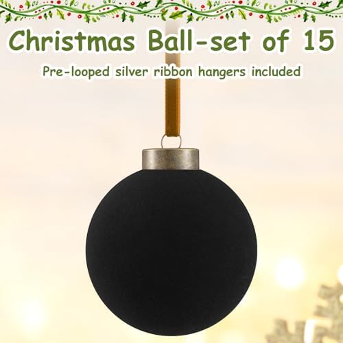 Liliful 15 Pcs Velvet Christmas Balls Bulk Flocked Christmas Tree Ball Ornaments Plastic Xmas Decorative Hanging Ornaments(Black,3.15 Inch) - Image 3