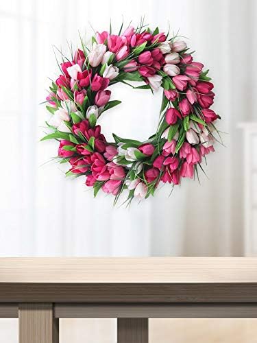 IUIBMI 20 Inches Artificial Door Wreath Spring Tulip Wreath for Front Door, Mothers Day Artificial Flower Wreaths with Pink Tulips for Wall Window Party Wedding Decor - Image 7