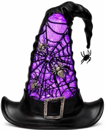 Halloween Witch Hat Snow Globe Lantern with Swirling Glitter, Purple Light by COZYPAVILION
